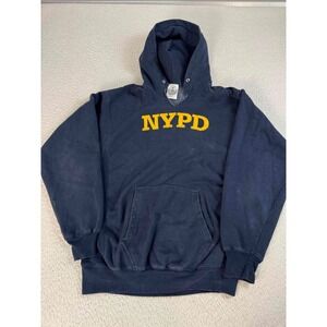 Vintage NYPD Mens Fleece Lined Pockets‎ Long Sleeve Pullover Navy Blue Hoodie M